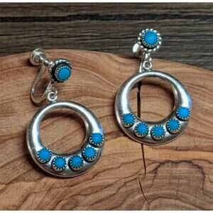 Western clip on 2" silver and turquoise stone dangle hoop earrings